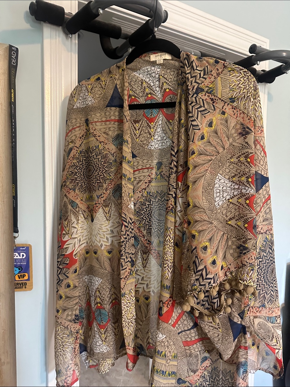 Umgee Multi-Color Printed Kimono Jacket with Fringe Trim